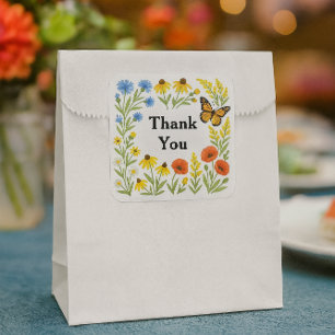 Sticker Carré Fleur qui fleurit et feuilles vertes Merci