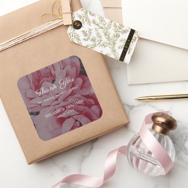 Sticker Carré Fleur romantique Merci de mariage élégant (Cadeaux)