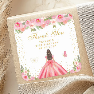 Sticker Carré Fleur rose Brunette Hair Princess Anniversaire