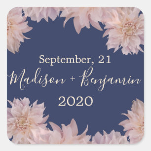 Sticker Carré Fleur rose Dahlia bleu foncé Mariage Date