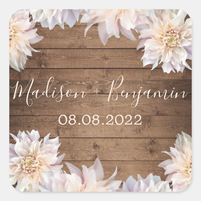 Sticker Carré Fleur rose Dahlia Mariage en bois rustique Date Ca (Devant)