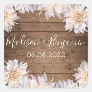 Sticker Carré Fleur rose Dahlia Mariage en bois rustique Date Ca