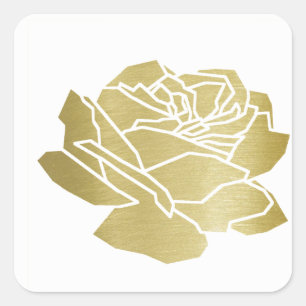 Sticker Carré fleur rose en faux or, joli mariage floral