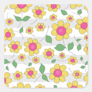 Sticker Carré Fleur rose jaune marguerite printemps enfants grib