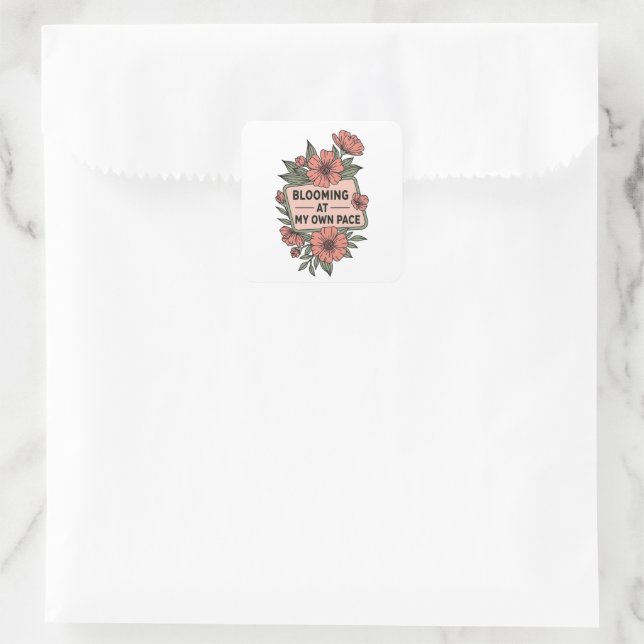 Sticker Carré Fleur rose rétro fleurit à mon rythme (Sac)