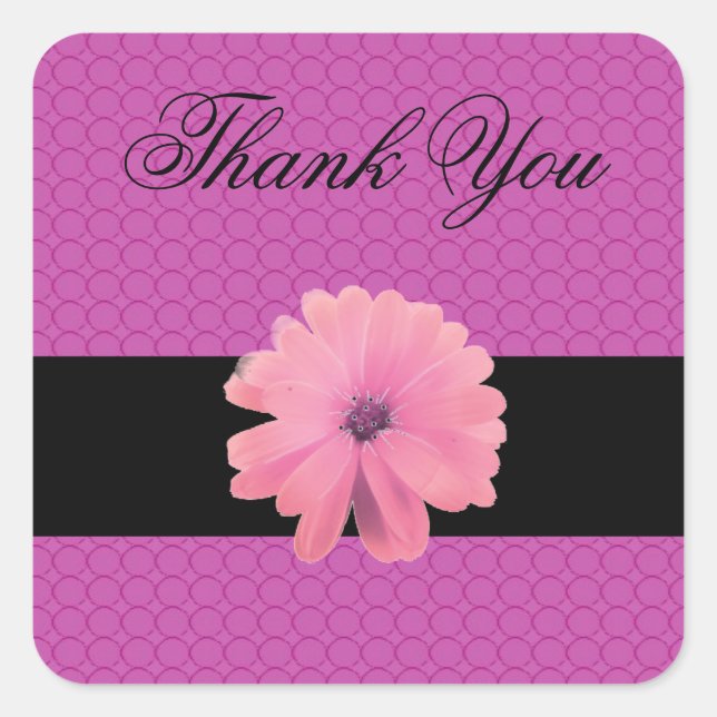 Sticker Carré Fleur rose ruban noir Merci (Devant)
