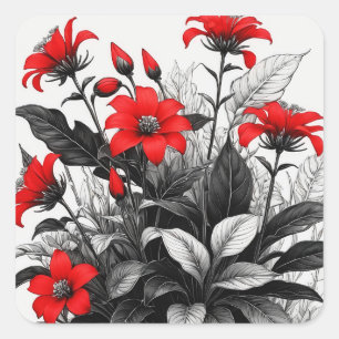 Sticker Carré Fleur rouge sur Plante noir blanc