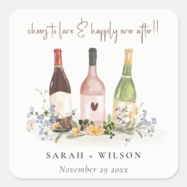 Sticker Carré Fleur sauvage Cheers to Love Wine Bottts Mariage (Devant)