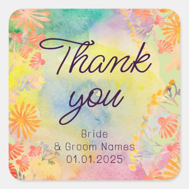 Sticker Carré Fleur sauvage d'aquarelle psychédélique (Devant)