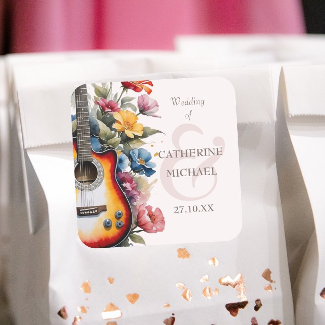 Sticker Carré Fleur sauvage guitare Ampersand Mariage musical (Close up music theme wedding guitarist musician botanical garden vibe Sticker)