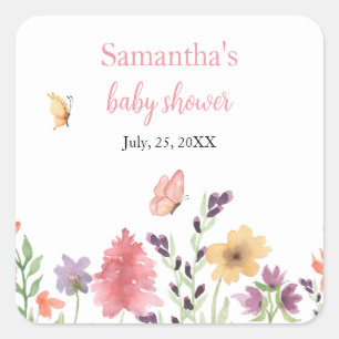 Sticker Carré fleur sauvage papillons jardin baby shower rose