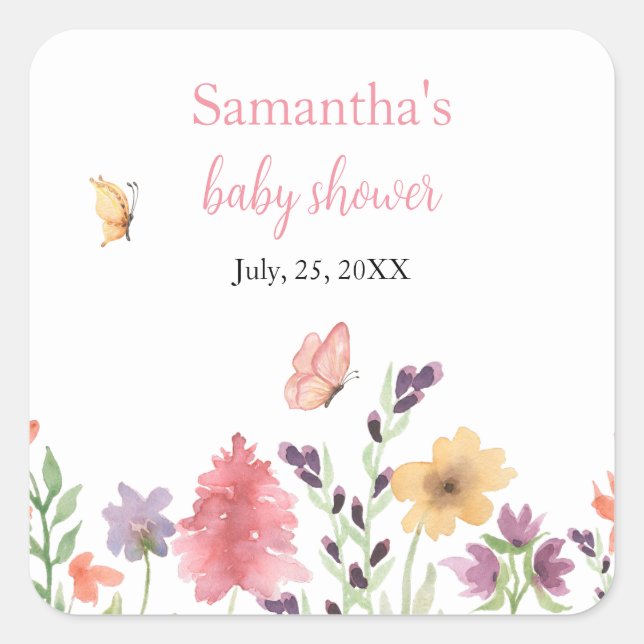 Sticker Carré fleur sauvage papillons jardin baby shower rose (Devant)