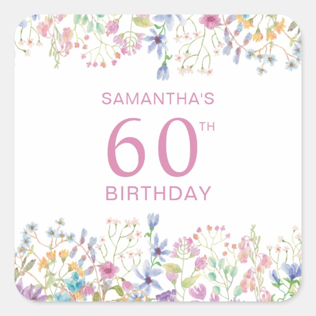 Sticker Carré Fleur sauvage rose 60e anniversaire (Devant)