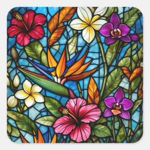 Sticker Carré Fleur tropicale en vitrail floral vibrant