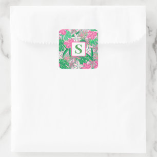Sticker Carré Fleur tropicale Monogramme rose blanc vert Preppy