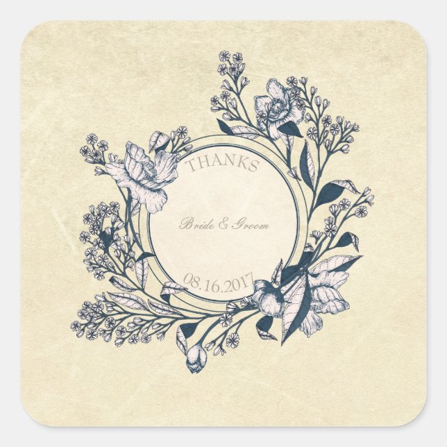 Sticker Carré Fleur Vintage Rustique Mariage Merci (Devant)