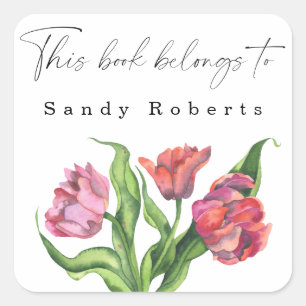 Sticker Carré Fleurs à l'aquarelle - Ce livre appartient à
