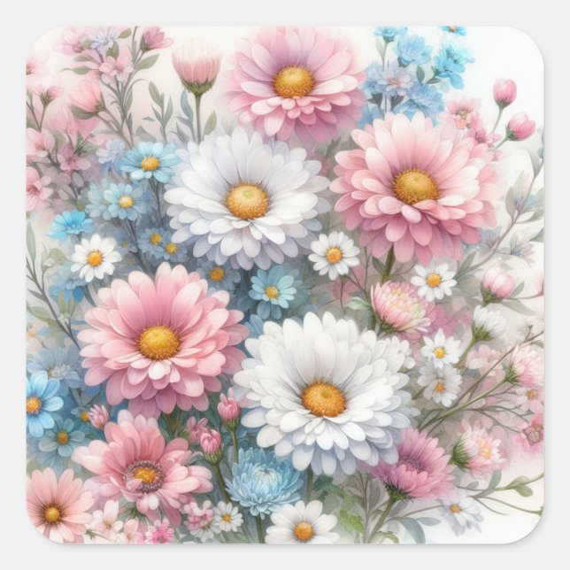 Sticker Carré Fleurs à l'aquarelle dans des pastels doux  (Devant)