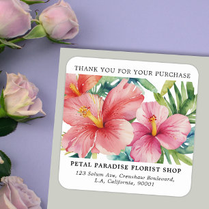 Sticker Carré Fleurs Aloha Aquarelle Commande de remerciement po