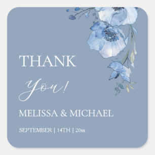 Sticker Carré Fleurs Aquarelle Bleue Mariage Remerciements Carré