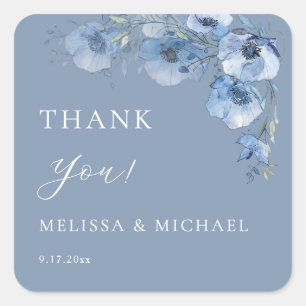 Sticker Carré Fleurs Aquarelle Bleue Mariage Remerciements Carré