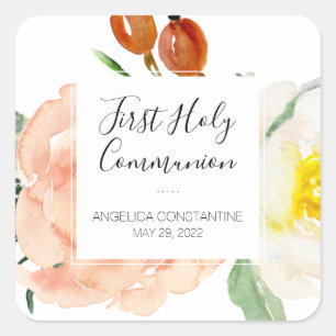 Sticker Carré Fleurs Aquarelle Première Communion Solennelle Fil