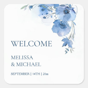 Sticker Carré Fleurs aquarelles bleues mariage de bienvenue