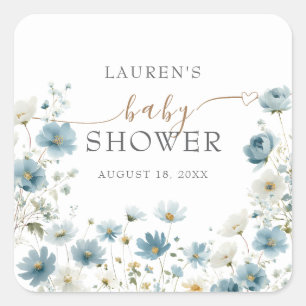 Sticker Carré Fleurs aquarelles bleues prépa pour Baby Shower