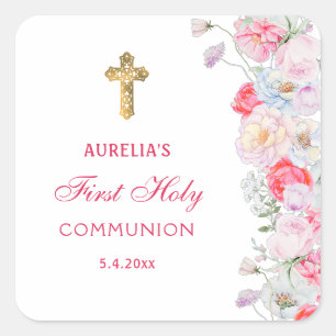 Sticker Carré Fleurs aquarelles Première communion