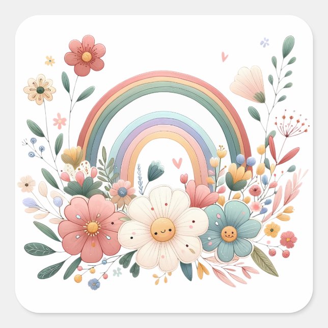 Sticker Carré Fleurs arc-en-ciel de printemps (Devant)