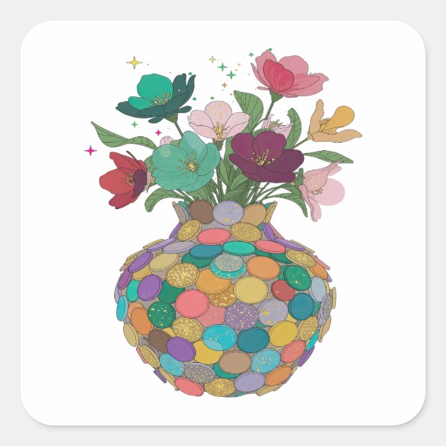Sticker Carré Fleurs argentées accrocheuses dans le style vinyle (Devant)