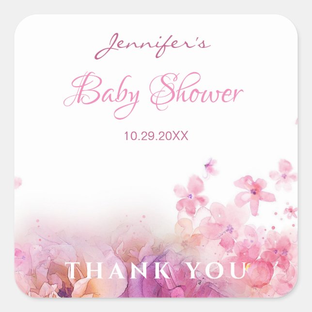 Sticker Carré Fleurs baby showers Rose Aquarelle Art élégant (Devant)