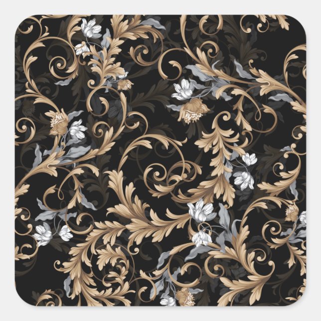 Sticker Carré Fleurs baroques classiques : arrière - plan noir. (Devant)