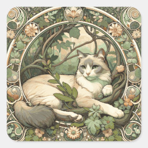 Sticker Carré Fleurs Beige et Sage Art Nouveau Chat