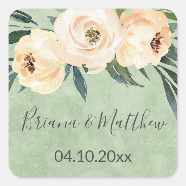 Sticker Carré Fleurs Beige Faveurs de Mariage Vertes (Devant)