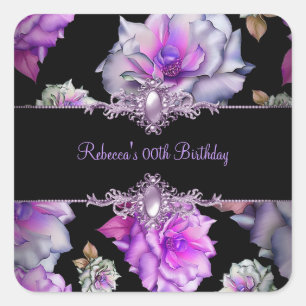 Sticker Carré Fleurs Black violet Floral fête d'anniversaire