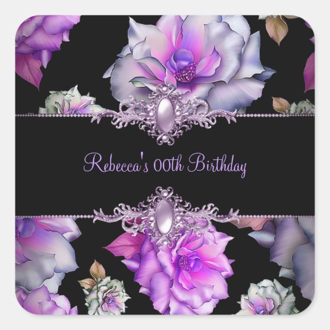 Sticker Carré Fleurs Black violet Floral fête d'anniversaire (Devant)