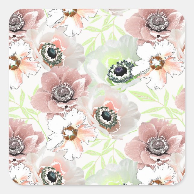 Sticker Carré Fleurs blanches, roses. (Devant)