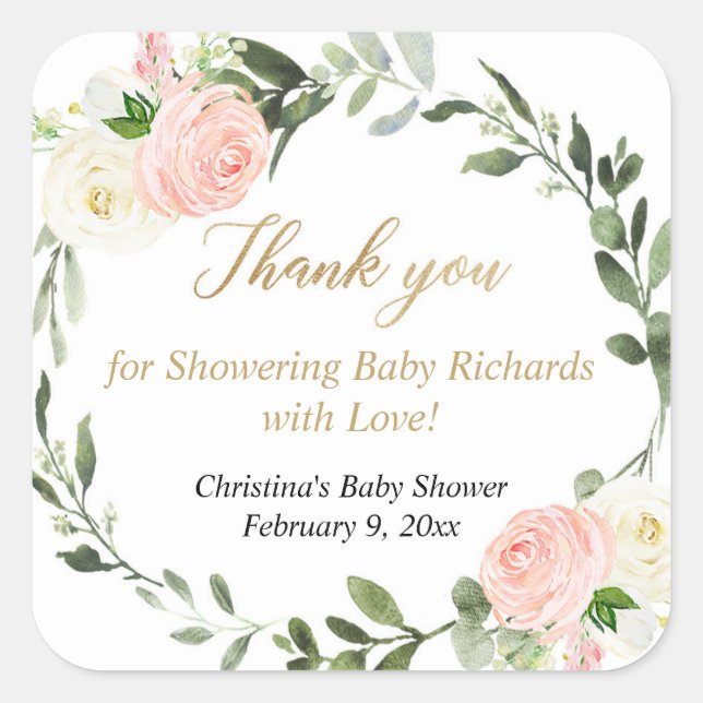 Sticker Carré Fleurs blanches verdure rose aquarelle élégante (Devant)