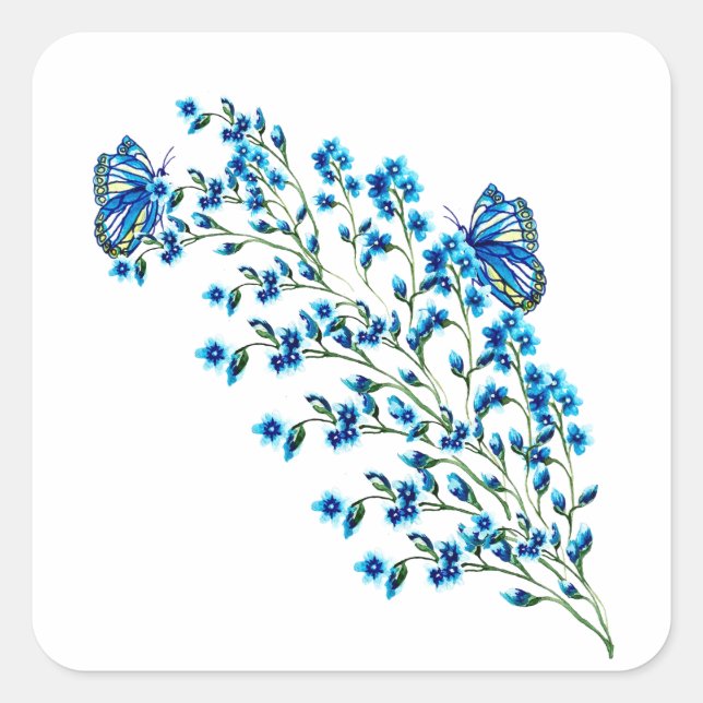 Sticker Carré Fleurs bleues délicates avec papillon (Devant)