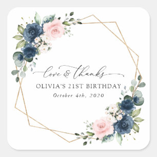 Sticker Carré Fleurs Bleues Marine, Fleurs Roses, Boho, Annivers