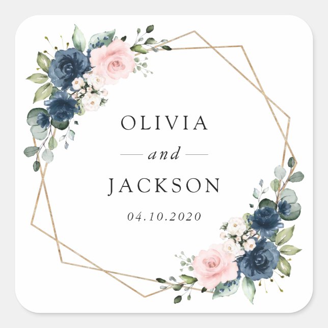 Sticker Carré Fleurs Bleues Marine, Fleurs Roses, Mariage Floral (Devant)