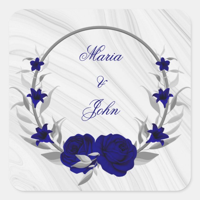 Sticker Carré fleurs bleues royales argent feuilles couronne mar (Devant)