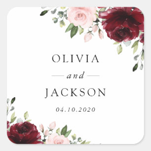 Sticker Carré Fleurs Bourgogne, Fleurs roses, Verdure, Mariage