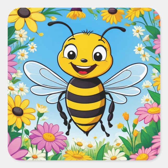 Sticker Carré Fleurs colorées d'abeille de dessin (Devant)