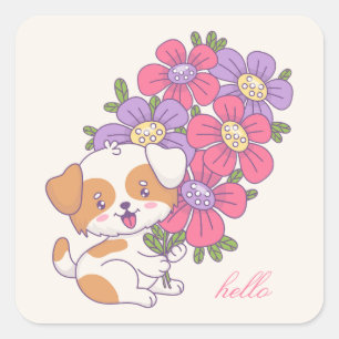 Sticker Carré Fleurs colorées de chien mignon Bonjour Anniversai