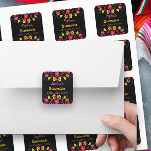 Sticker Carré Fleurs colorées de fête mexicaine noire