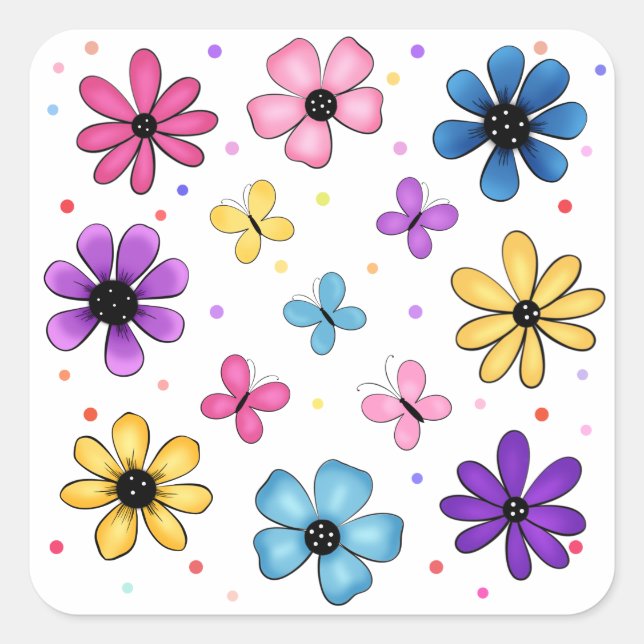 Sticker Carré Fleurs colorées et papillons (Devant)