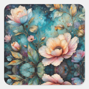 Sticker Carré Fleurs colorées feuilles et ciel