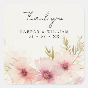 Sticker Carré Fleurs cosmos roses mariage merci